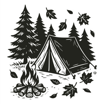 Black and white line art illustration of a triangular camping tent set up in a pine forest next to a burning campfire with falling autumn leaves scattered on the ground.