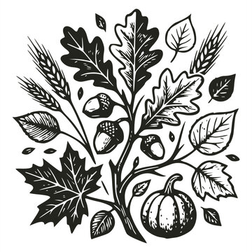 Black and white line art illustration of an autumn arrangement featuring a pumpkin, acorns, oak leaves, maple leaves, and wheat stalks growing from a central branch.