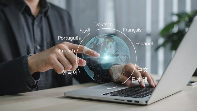 Person's hand selecting English language on a digital globe interface during global business communication