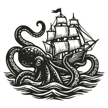 Black and white woodcut style illustration of a giant octopus wrapping its tentacles around a wooden vintage sailing ship in rough ocean waters with dramatic waves.