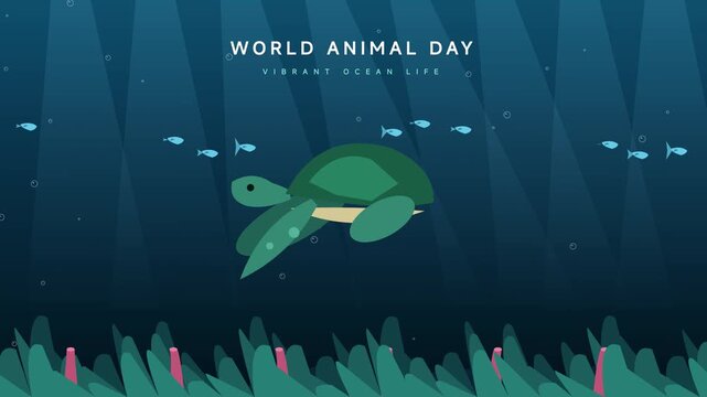 Flat vector illustration of a green sea turtle swimming deep underwater in the blue ocean with seaweed and small fish