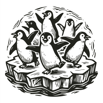 Circular woodcut style black and white illustration featuring a group of happy cartoon penguins dancing on a floating iceberg in cold Arctic water with waves.
