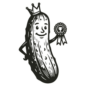 Black and white woodcut illustration of a funny cartoon pickle wearing a crown and holding an award ribbon badge with a trophy symbol, smiling with hands on hips.