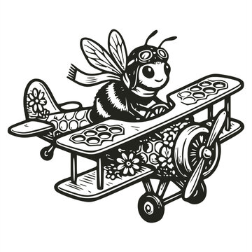 Black and white woodcut illustration of a cute bee wearing aviator goggles and scarf, flying a vintage propeller biplane airplane decorated with flower patterns.