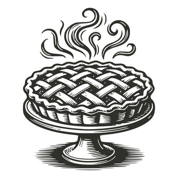 Detailed black and white woodcut style illustration of a freshly baked lattice crust pie resting on a pedestal cake stand with rising steam curls in line art style.