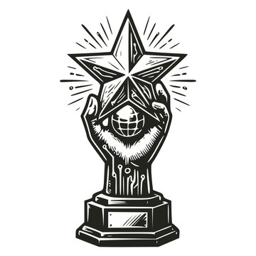 Black and white woodcut line art illustration of a trophy award featuring a hand reaching up from a base decorated with circuit board lines to hold a glowing star containing a globe grid.