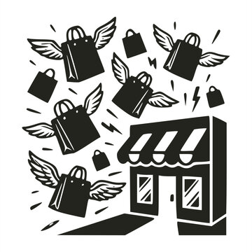 Black and white line art illustration showing multiple shopping bags with wings flying out from a storefront building with an awning, symbolizing online shopping or rapid product delivery.