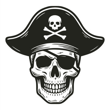 Frontal view of a skull wearing an eyepatch and a classic pirate hat with skull and crossbones emblem, rendered in detailed black and white woodcut style line art on white background.