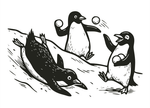 Black and white line art woodcut illustration of three cute cartoon penguins playing in the snow, throwing snowballs and sliding down a snowy hill in a fun winter outdoor scene.