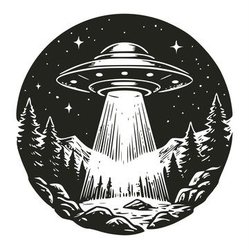 Circular woodcut style line art illustration depicting a UFO flying saucer hovering over a forest mountain landscape while shining a bright light beam down to the ground at night.