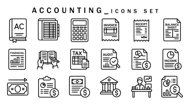 Accounting icons set including calculator, ledger, balance sheet, receipt, invoice, tax forms, financial audit, money clipboard, bank, and income statements in modern line art style.