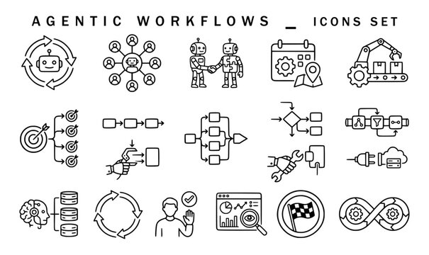 Agentic workflows icon set featuring autonomous AI bots, network nodes, flowchart logic, task automation, API integration, pipeline management, and system loop concepts in line art.