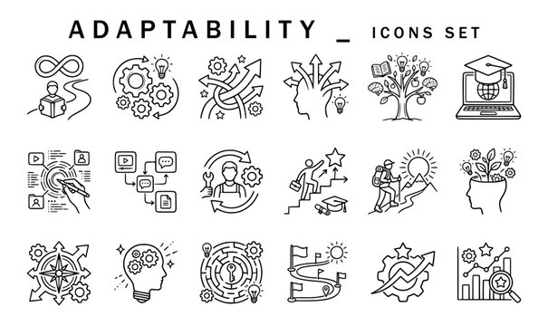 Adaptability icons set featuring personal growth, agile mindset, strategic pathways, flexible problem solving, continuous learning, and navigation concepts rendered in fine line art.