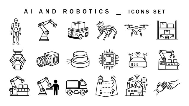 AI and robotics icons set displaying humanoid robots, industrial robotic arms, delivery rovers, quadruped dogs, drones, microchips, sensors, and automated factories in line art.