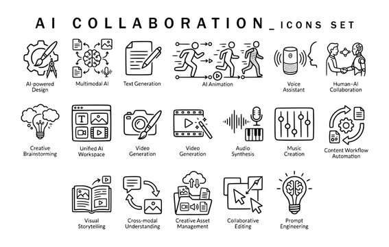 AI collaboration icons set showing multimodal AI, text generation, voice assistants, human-AI teamwork, audio synthesis, visual storytelling, and prompt engineering line art icons.