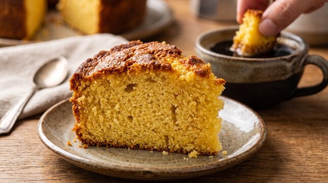 Commercial culinary stock photo of a traditional Brazilian cornmeal cake (Bolo de Fub&aacute;) on a brown ceramic plate with a slice cut out, served alongside fresh black coffee and raw cornmeal.