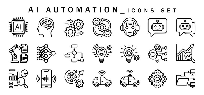 AI automation icons set showing AI processors, neural brains, automated workflows, chatbots, robotic arms, smart vehicles, voice recognition, and data analytics in line art.