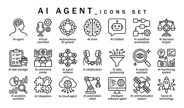 AI agent icons set labeled with virtual assistant, autonomous system, brain, chatbot, workflow automation, decision engine, cloud agent, robotic arm, analytics, and space communication line art.