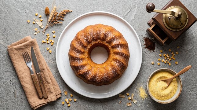 Commercial culinary stock photo of a traditional Brazilian cornmeal cake (Bolo de Fub&aacute;) on a brown ceramic plate with a slice cut out, served alongside fresh black coffee and raw cornmeal.