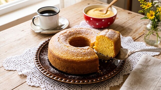Commercial culinary stock photo of a traditional Brazilian cornmeal cake (Bolo de Fub&aacute;) on a brown ceramic plate with a slice cut out, served alongside fresh black coffee and raw cornmeal.