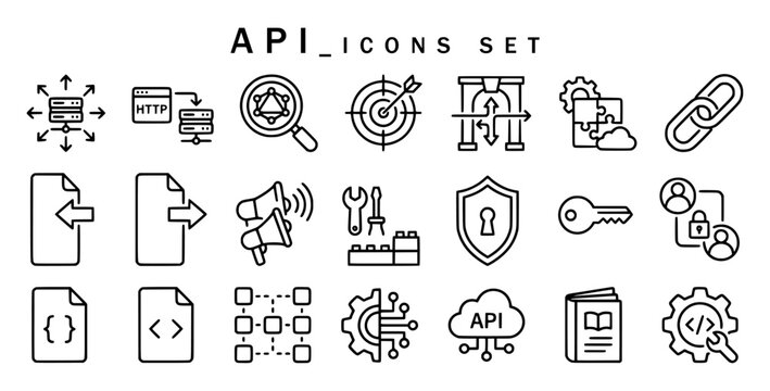 API icons set displaying web requests, search, target, gateway, security shield, key, user permissions, code documents, cloud connection, system settings, and line art developer symbols.