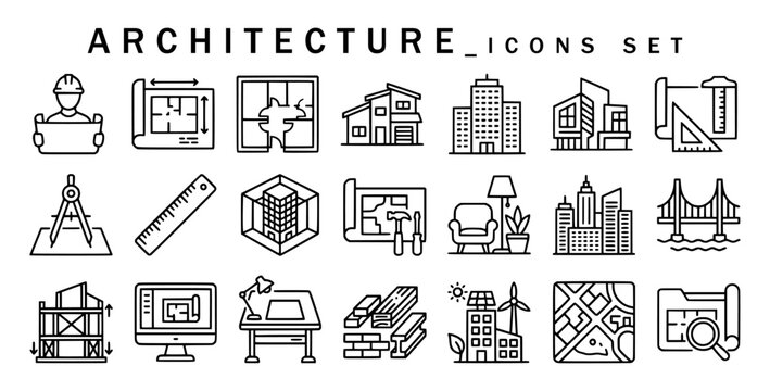 Architecture icons set featuring blueprints, floor plans, houses, skyscrapers, modern buildings, drafting compass, rulers, furniture layout, bridge, map, and green building line icons.