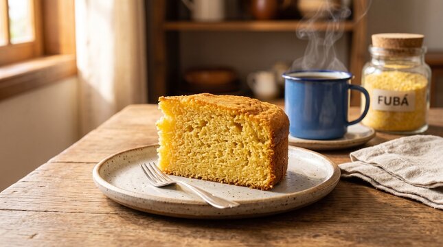 Commercial culinary stock photo of a traditional Brazilian cornmeal cake (Bolo de Fub&aacute;) on a brown ceramic plate with a slice cut out, served alongside fresh black coffee and raw cornmeal.