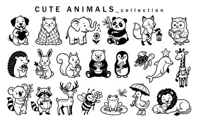 Fototapeta premium Set of cute black line art animal illustrations including dog, cat, elephant, panda, fox, owl, hedgehog, rabbit, squirrel, bear, penguin, turtle, dolphin, giraffe, koala, raccoon, deer, bee, frog, duc