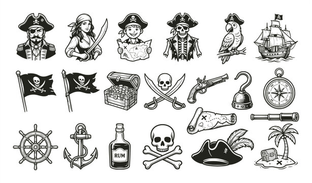 Black and white monochrome illustrations of pirate themed elements including pirate characters, skull with crossbones, treasure chest, parrot, pirate ship, flags, compass, and anchor.