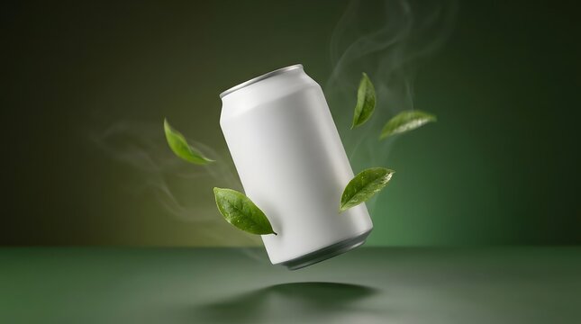 Blank white aluminum beverage can mockup floating with fresh and dried green tea leaves and steam mist