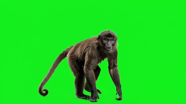 Brown monkey moving dynamically and leaping across vibrant green chroma key backdrop