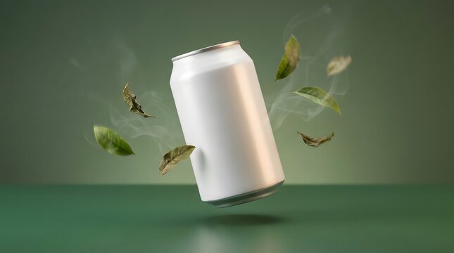 Floating matte white drink can mockup surrounded by green tea leaves and subtle aroma mist