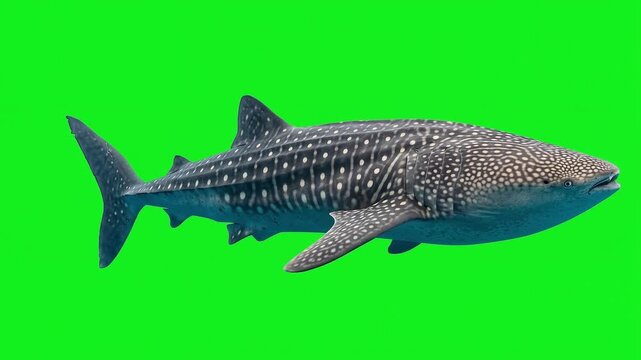 Whale shark swimming against a bright green background