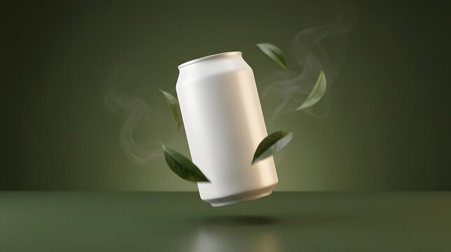 Blank aluminum can mockup levitating surrounded by aromatic steam mist and organic tea leaves