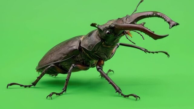 Large stag beetle with impressive mandibles moving slowly against chroma key backdrop