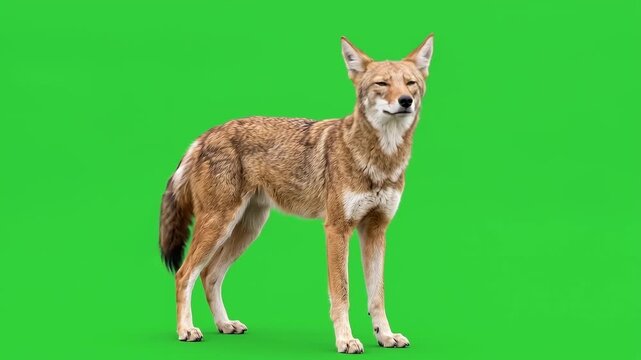 Wild coyote standing and turning head on chroma key background