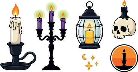 Naklejka premium Candles, Candelabra, Lantern, Skull and Moon Icons Set with Spooky Design