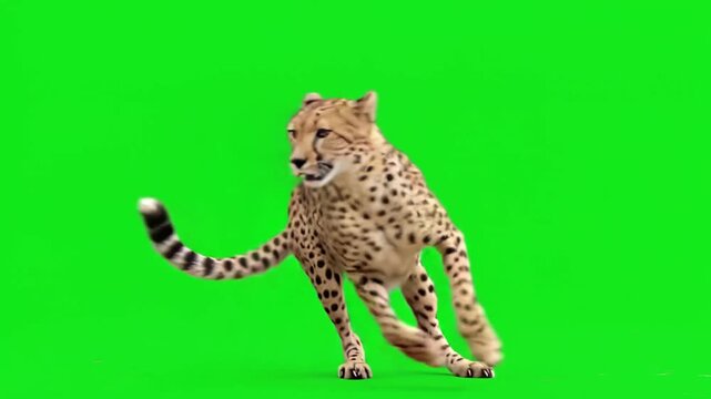 Cheetah running fast across a bright chroma key backdrop