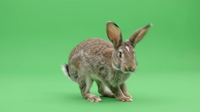 Wild brown hare hopping across a solid green studio backdrop