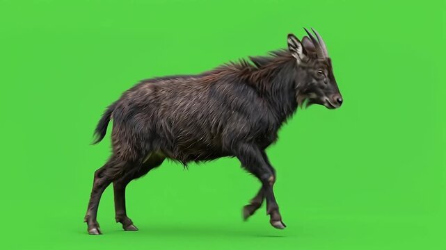 Brown goat jumping playfully isolated on bright green background