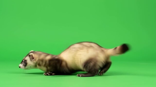 Ferret walking across chroma key background in studio setting