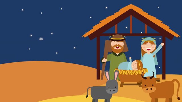 Animated christmas nativity scene with holy family and animals in stable under starry night sky.