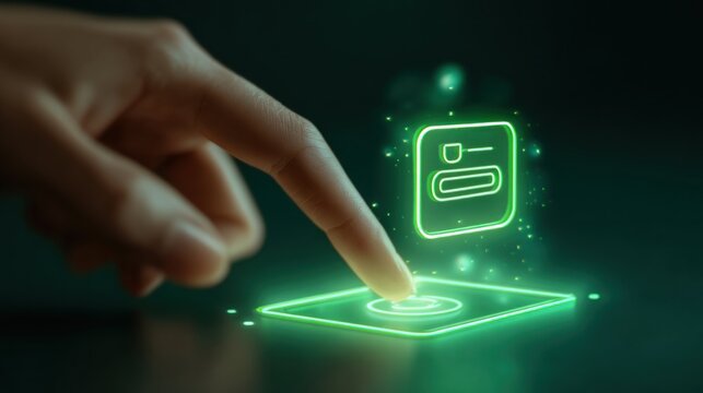 Finger touching glowing digital interface