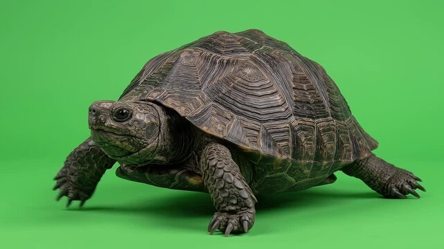Large tortoise walking steadily across bright green backdrop