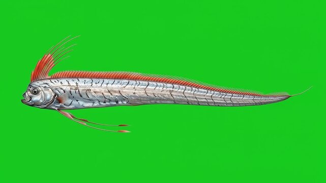 Silver ribbonfish swimming against solid green background for composite chroma key