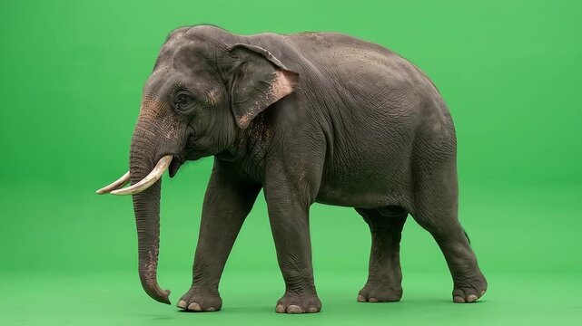 Majestic Asian elephant walking across a vibrant green screen studio backdrop