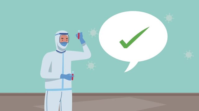 Medical professional in biohazard protective suit holding blood test tubes with positive check mark animation.