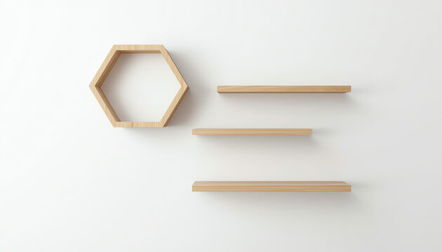 wooden Hexagon shelf and empty shelf, copy space, mock up, hexegon