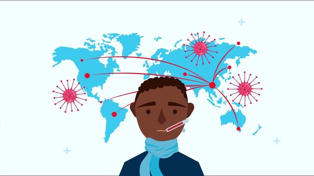 Animated sick person with thermometer and world map showing virus spread globally.