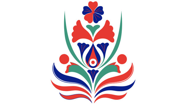 Abstract Folk Art Floral Design, Traditional Hungarian Matyo Pattern, Red Blue Green Color Palette, Vector Illustration, Decorative Ornament